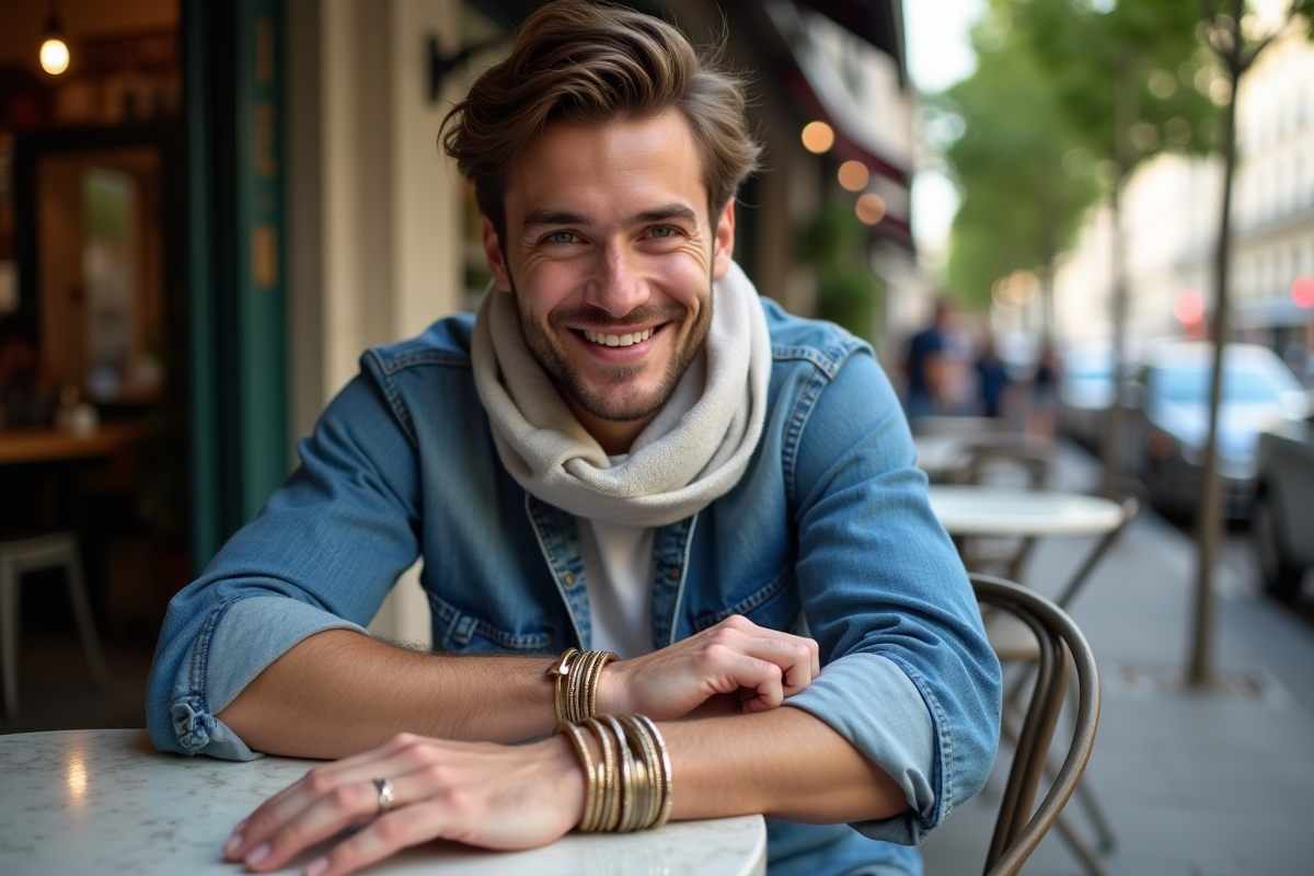 Jeune homme ajustant ses bracelets dans un café parisien