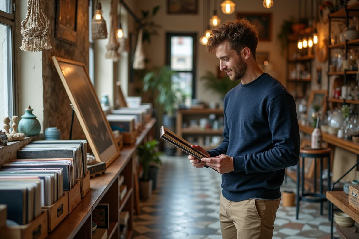 Homme examinant une affiche vintage dans un magasin de brocante et décoration Djadjas