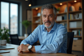 Homme d'âge moyen ajustant une montre classique de 40 mm dans un bureau moderne