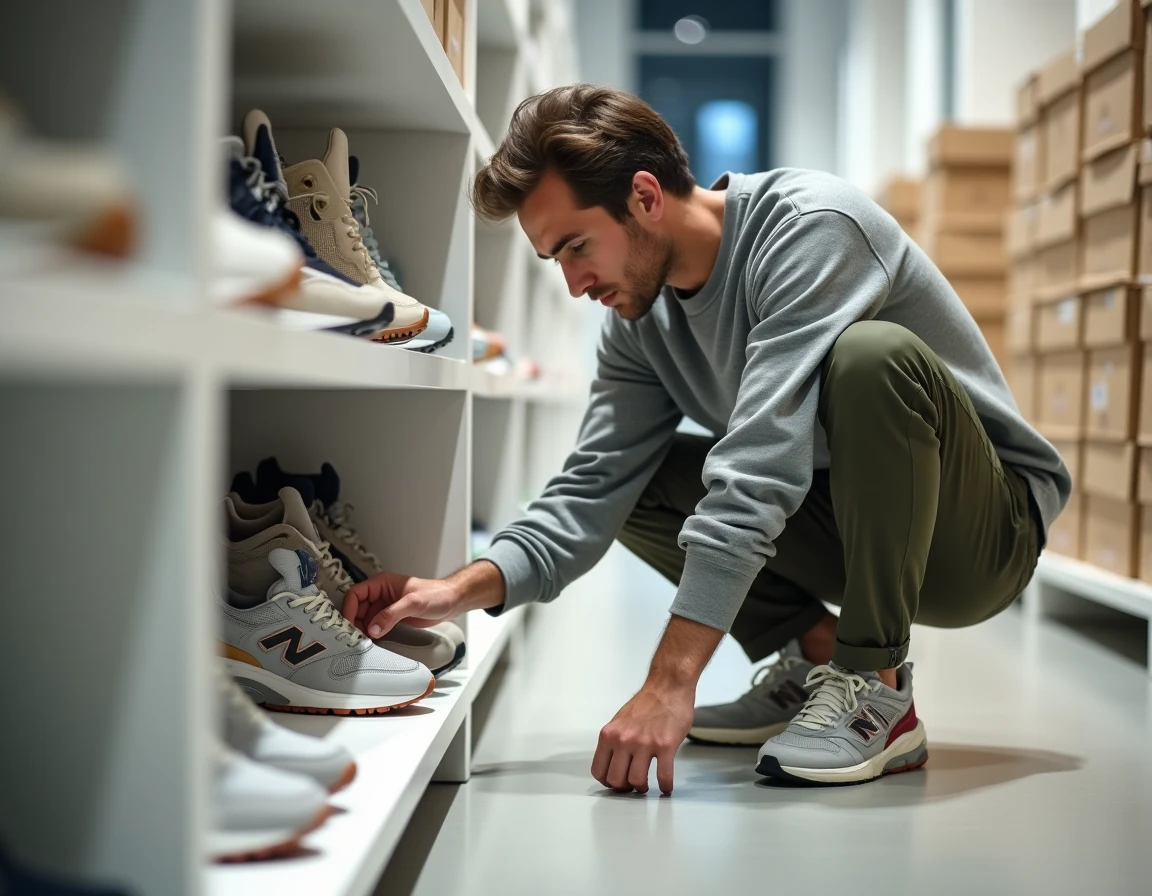 Homme examinant une paire de baskets New Balance 990 sur une étagère lors d'une vente privée The Bradery dans un concept store
