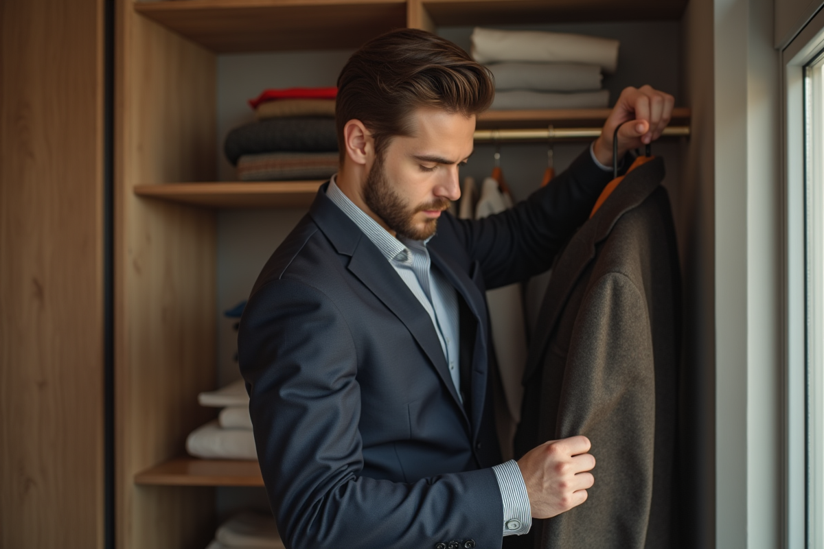 Homme choisissant une veste dans un dressing moderne et organisé