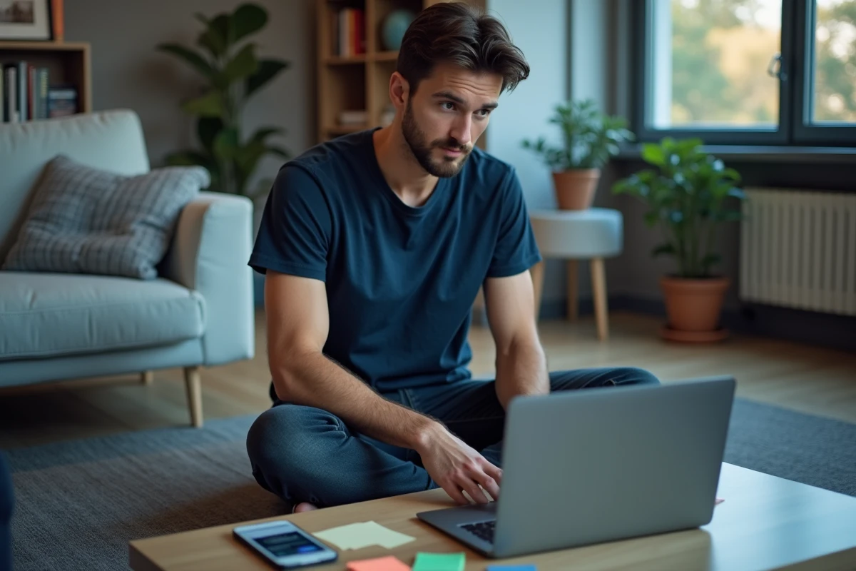 Homme autodidacte travaillant sur la création de son blogue assis par terre dans son appartement