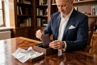 Homme d'affaires en costume marine ouvrant un portefeuille en cuir personnalisé dans un bureau élégant, idée cadeau pour événement important