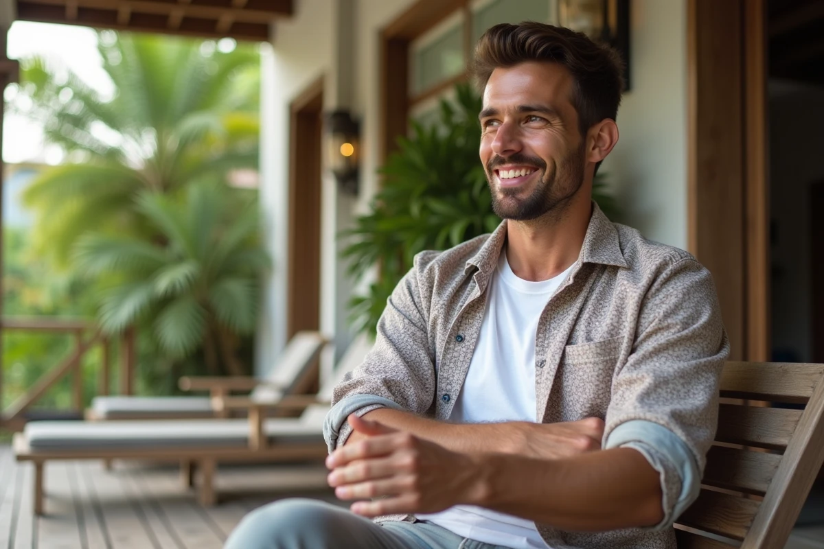 Homme détendu assis sur une chaise en terrasse