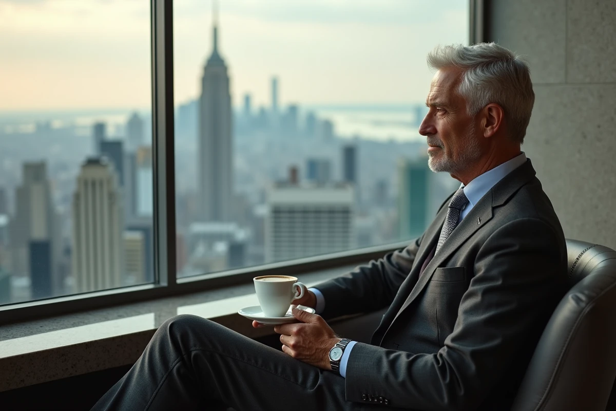 Homme en costume sur un rooftop avec vue urbaine