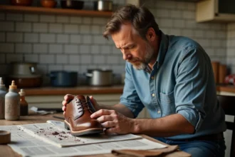 Homme faché en train de teindre une chaussure en cuir marron