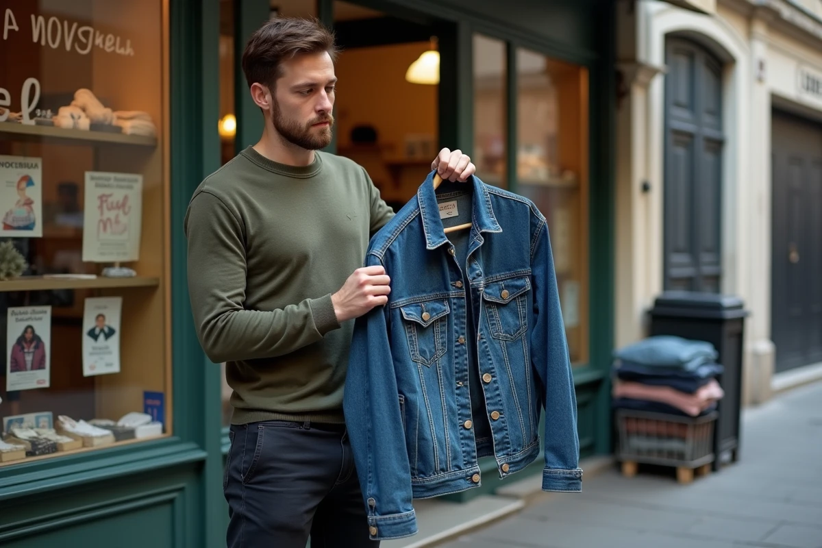 Jeune homme inspectant une veste en jean vintage devant une boutique friperie parisienne sur le trottoir
