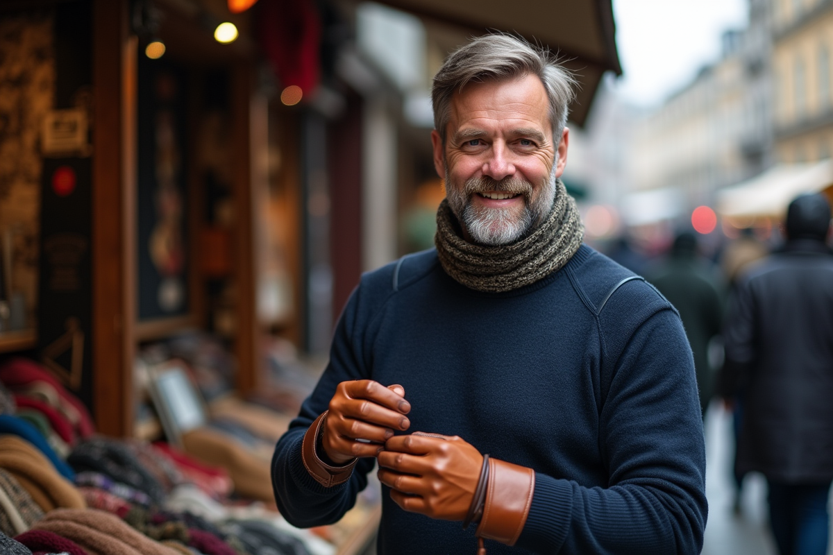 Homme essayant des gants en cuir dans un marché urbain animé