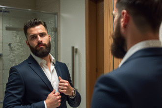 Homme élégant ajustant son col dans une salle de bain moderne