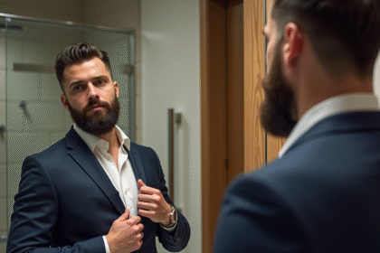 Homme élégant ajustant son col dans une salle de bain moderne