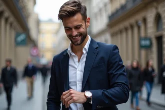 Homme en blazer regardant sa montre en ville