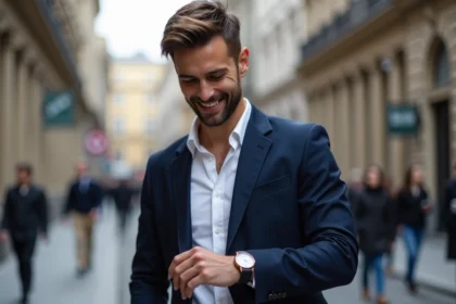 Homme en blazer regardant sa montre en ville