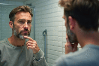 Homme d'âge moyen regardant dans le miroir de salle de bain