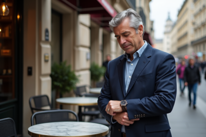 Homme d'âge moyen regardant sa montre à Paris