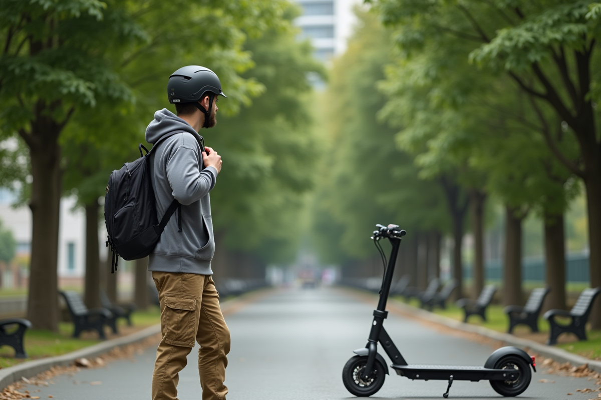 Homme en hoodie avec scooter dans parc suburbain