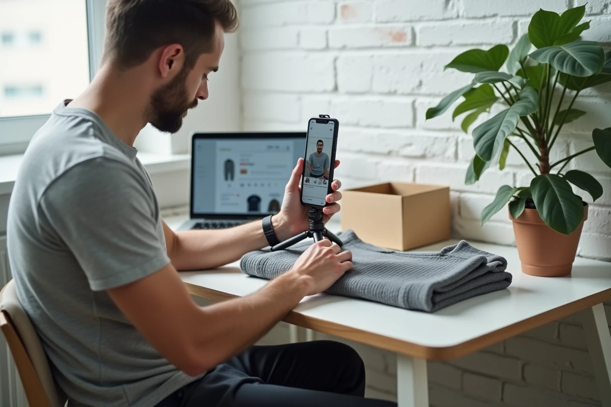 Homme photographiant un vêtement pour une annonce de revente en ligne depuis son bureau à domicile