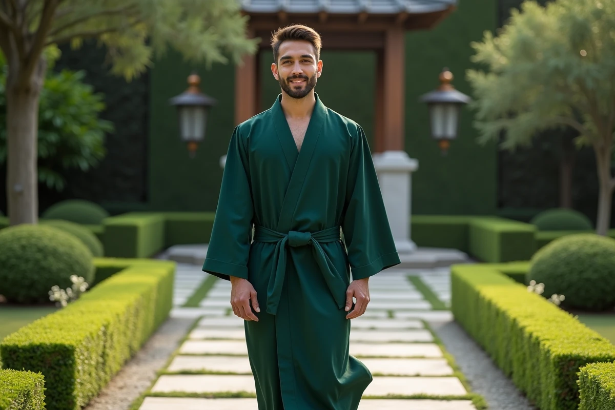 Homme confiant en robe verte dans un jardin paisible