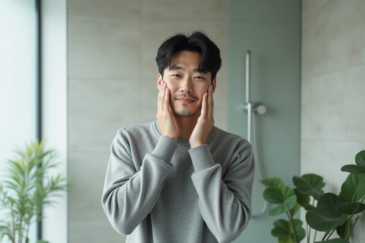 Homme coréen se rafraichissant dans une salle de bain