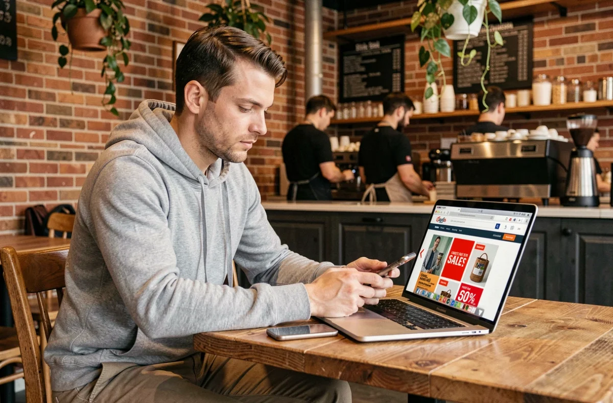 Homme consultant les soldes en ligne sur ordinateur portable dans un café parisien
