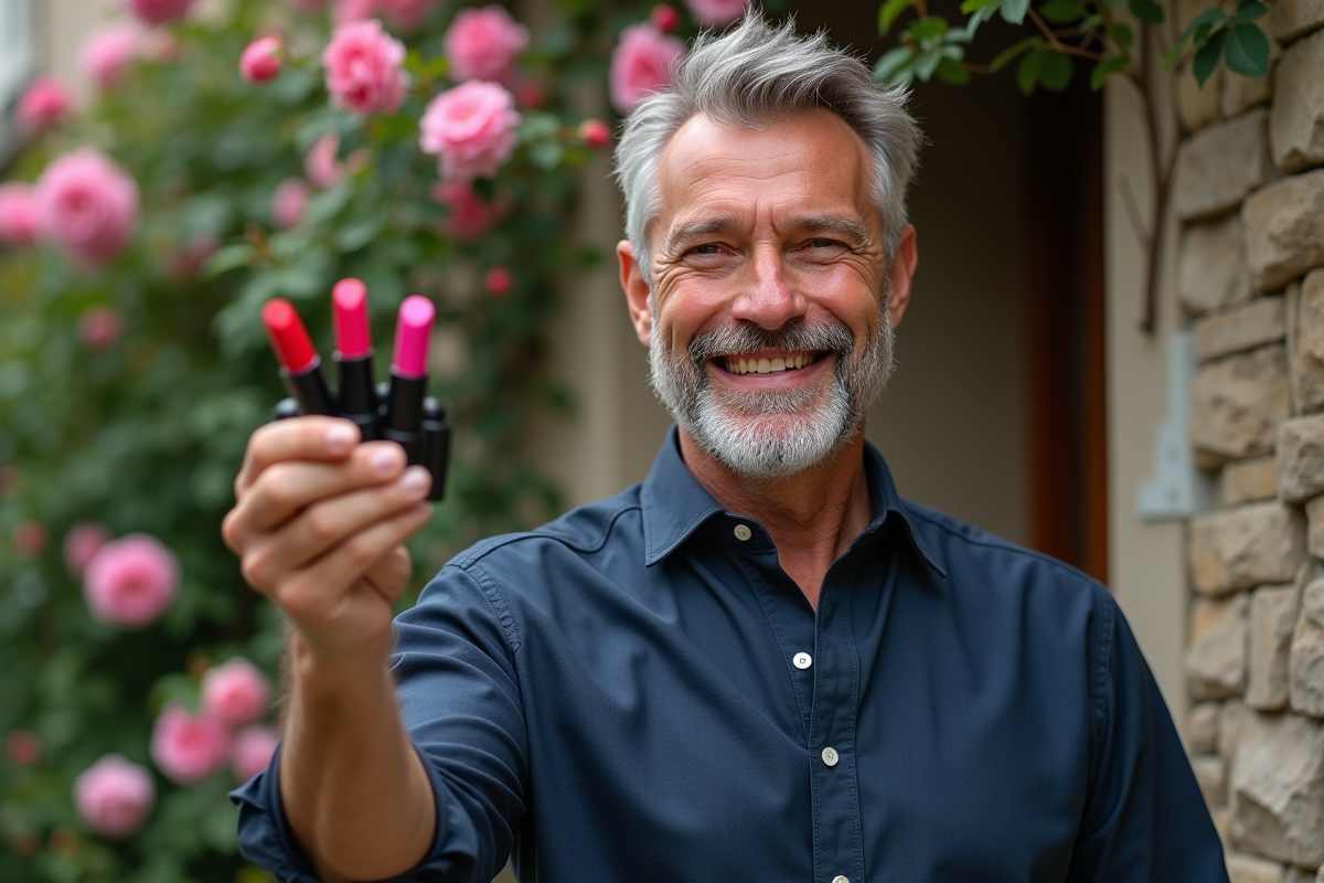 Homme souriant présentant des rouges à lèvres devant une muraille de pierres