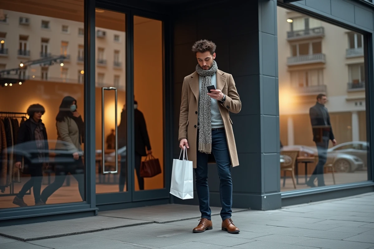 Homme moderne avec manteau et shopping à lyon