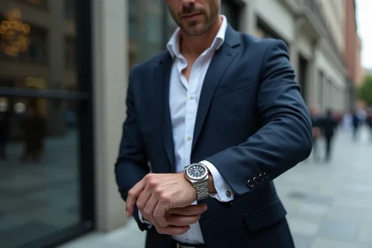 Homme d'âge moyen en costume navy regardant sa montre