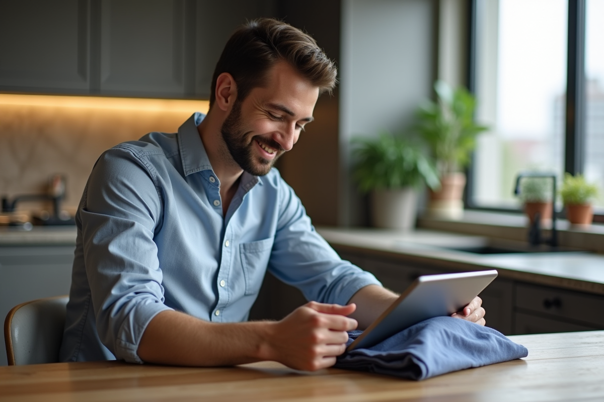Homme comparant des tailles sur une tablette dans la cuisine