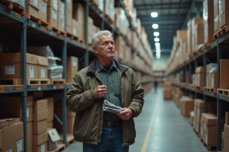 Homme pensif devant des piles de vêtements en entrepôt