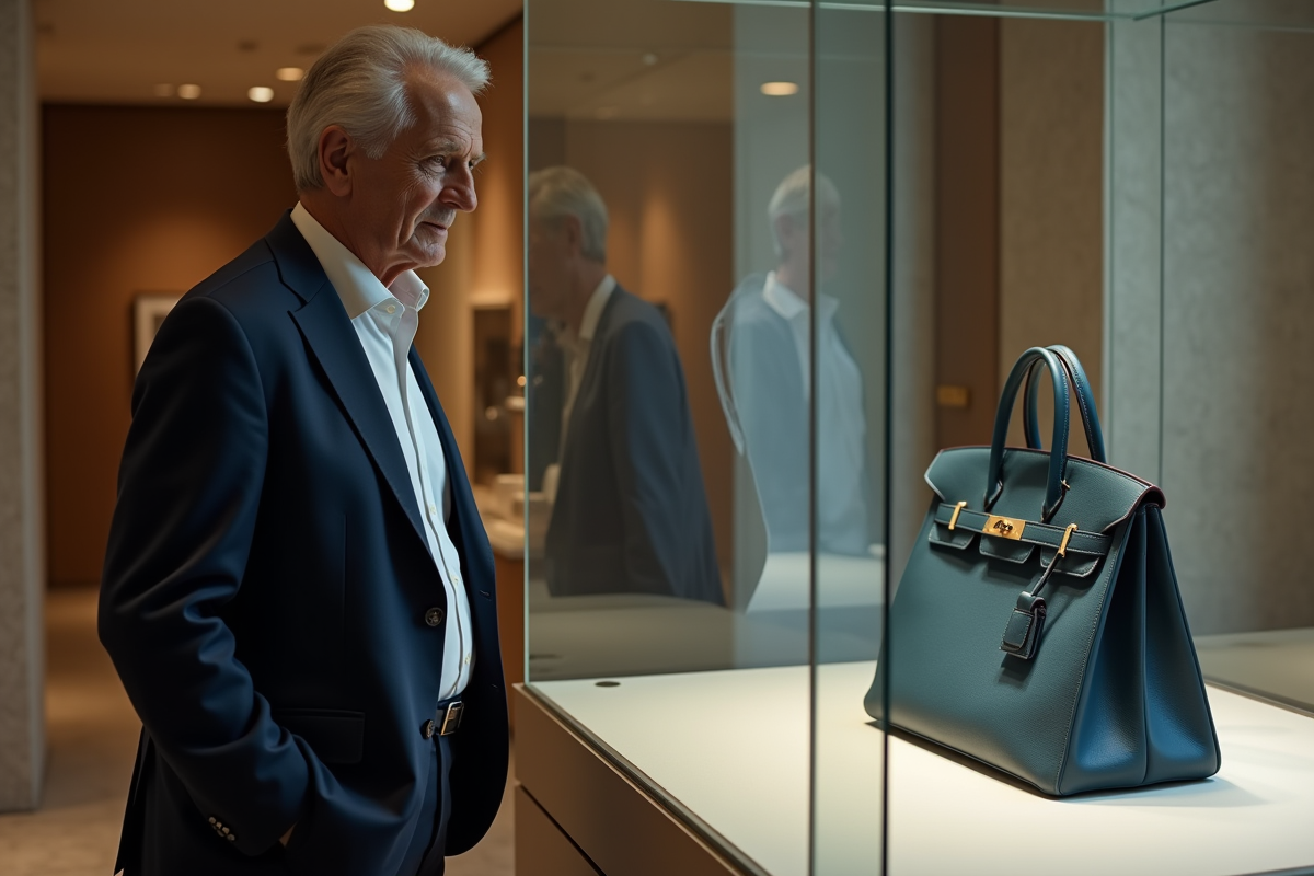 Homme d age admirant sac Birkin dans une galerie