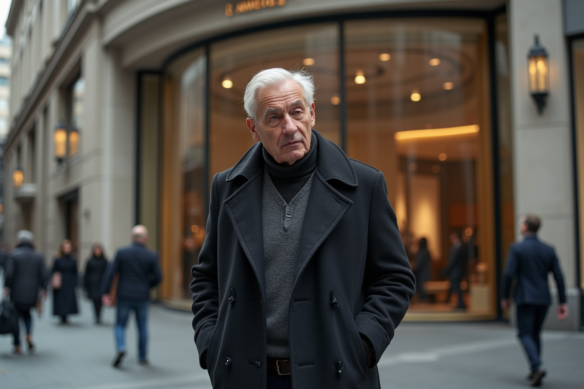Homme en manteau dans une rue commerçante urbaine