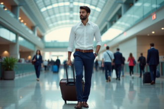 Homme élégant avec valise à l'aéroport