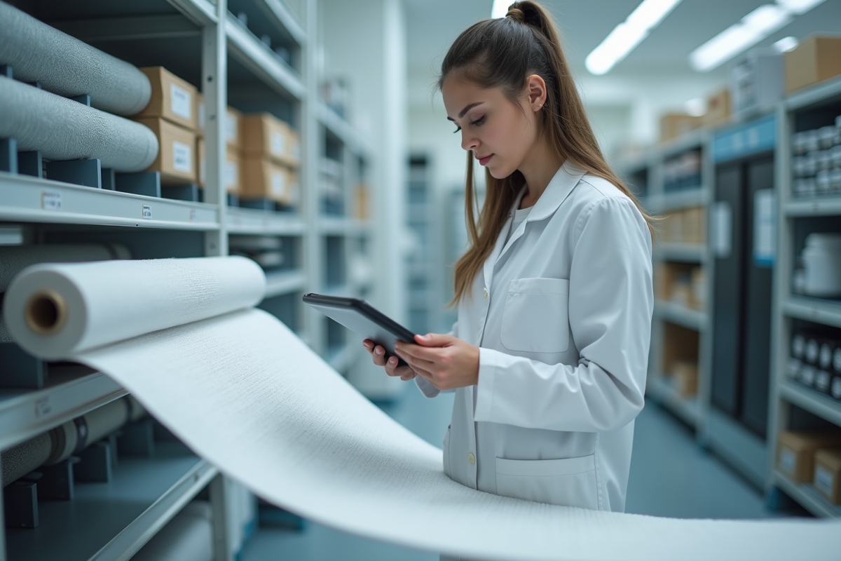 Jeune ingénieure textile examinant un tissu technique dans un laboratoire moderne