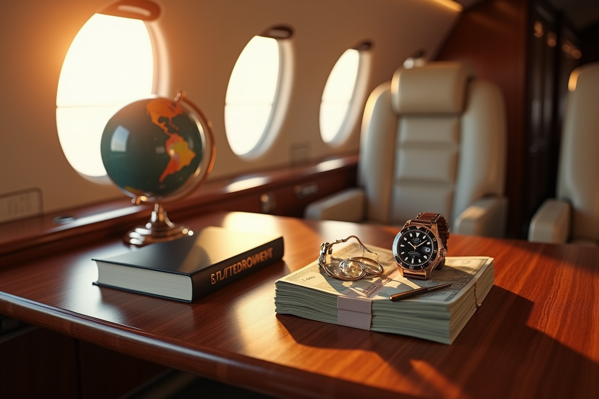 Intérieur d un jet privé avec objets de luxe et globe terrestre