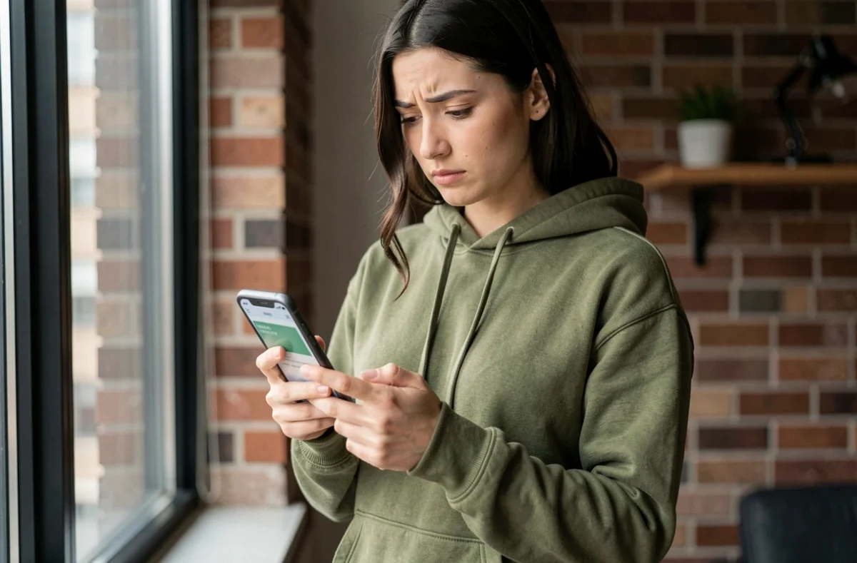 Jeune femme vérifiant son application bancaire mobile pour comprendre une transaction Sonstiges non identifiée