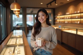 Jeune femme souriante avec un cadeau dans une bijouterie élégante