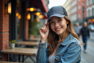 Jeune femme souriante portant un chapeau en mesh et veste en denim dans un café urbain