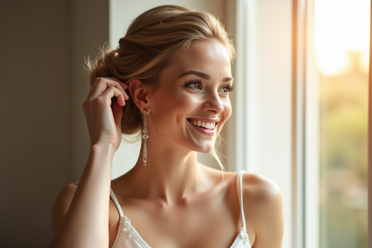 Jeune femme souriante ajustant sa coiffure élégante en lumière naturelle