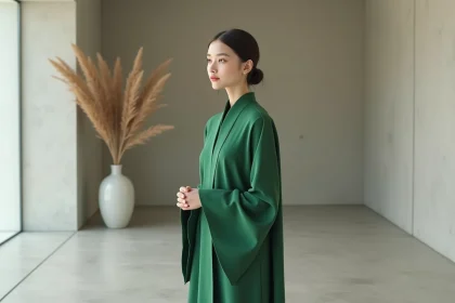 Jeune femme en robe verte minimaliste lors d'une cérémonie