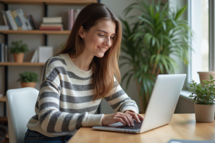 Jeune femme assise à un bureau moderne avec ordinateur portable