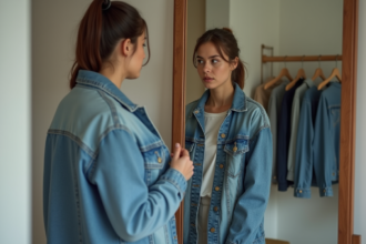 Jeune femme essayant une veste en denim dans sa chambre