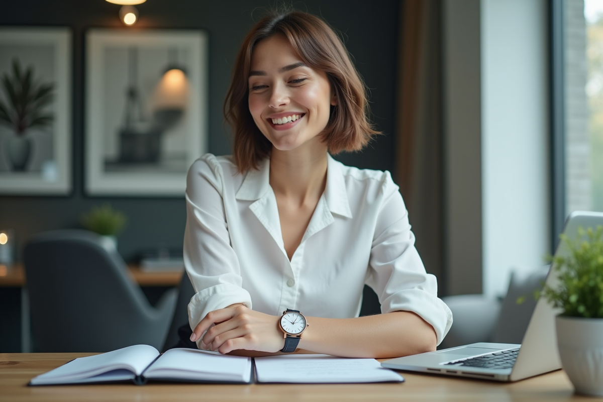 Jeune femme ajustant sa montre dans un bureau moderne