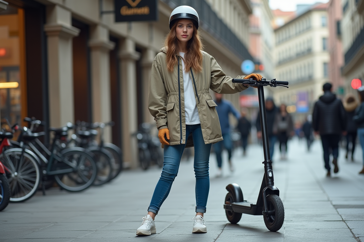 Jeune femme avec scooter électrique en ville dynamique