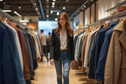 Jeune femme en blazer et jeans dans un magasin de vêtements