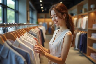 Jeune femme souriante examine un vêtement dans un magasin moderne