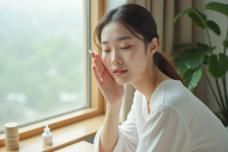 Jeune femme coréenne appliquant une essence visage
