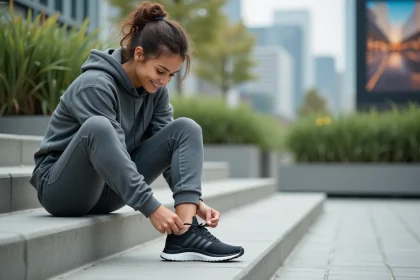 Jeune femme en athleisure nouant ses chaussures écologiques