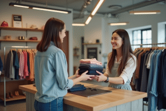 Jeune femme souriante échangeant des vêtements contre de l'argent dans un magasin moderne