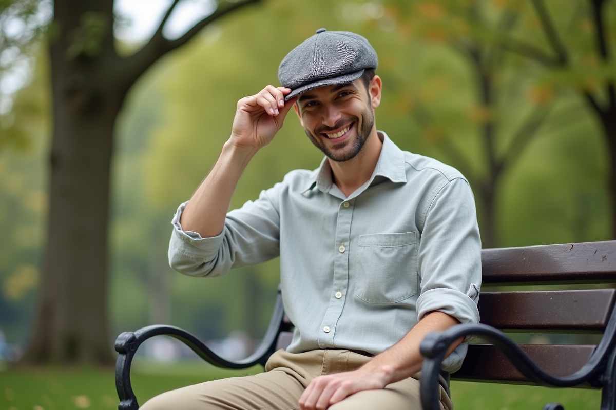 Jeune homme souriant portant un chapeau dans un parc urbain