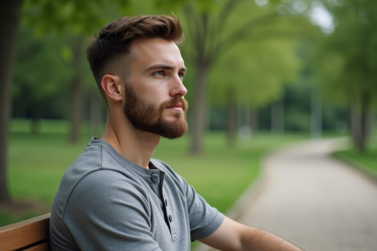 Jeune homme assis sur un banc dans un parc en pleine nature