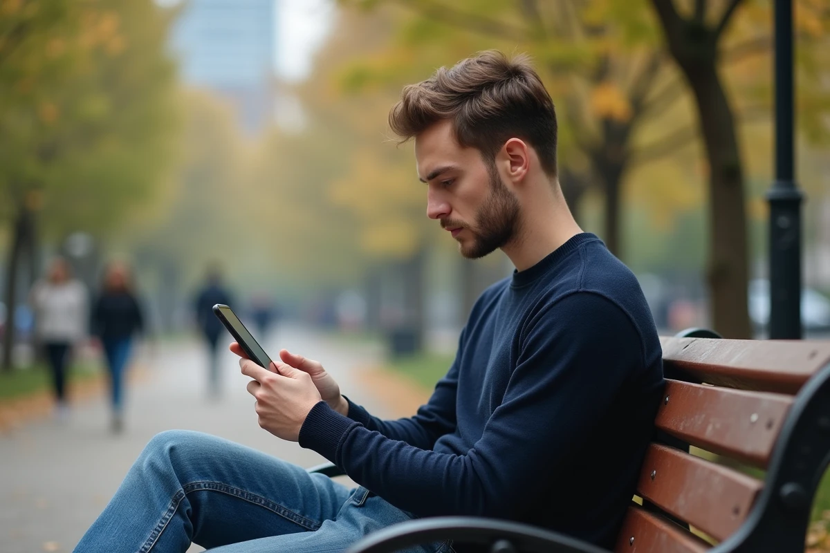 Jeune homme dans un parc regardant son smartphone